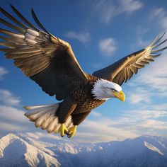 an eagle soaring through the air with mountains in the background