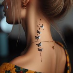 Base Of Neck Tattoo Women, Neck Tatoos Woman, Colar Bone Tattoo For Women Meaningful, Butterfly On Neck Tattoo, Wing Tattoo Designs For Women Back, Side Neck Tattoos Women Ideas, Butterfly Tattoo Back Of Neck, Back Of The Neck Tattoos For Women, Neck Tattoos Women Side