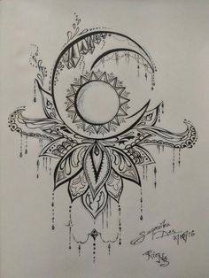 a drawing of the sun and moon with water drops coming out of it's center