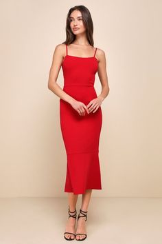 Red Trumpet Midi Dress - Tiered Midi Dress - Strappy Back Dress - Lulus Red Graduation Dress, Semi Casual Dresses, Sultry Dress, Old Hollywood Dress, Red Midi Dress Bodycon, Red Fitted Dress, Hollywood Dress, Red Cocktail Dress, Bodycon Skirt