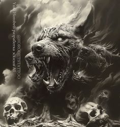 a black and white image of a wolf with its mouth open, surrounded by skulls