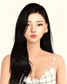 an animated image of a woman with long black hair wearing a white dress and earrings