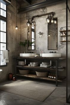 a bathroom with two sinks and mirrors in it