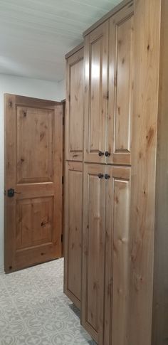 an empty room with wooden cupboards and carpeted flooring in the foreground