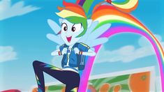 the rainbow dash is flying through the air with his arms out and legs spread wide