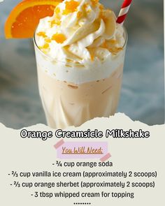 Orange 2 cups\nVanilla ice cream 1 1/2 cups\nFresh orange zest 1 tsp\nHeavy cream 1/2 cup\nMilk 1/2 cup\nFreshly squeezed orange juice 1/2 cup\nCombine orange, vanilla ice cream, orange zest, heavy cream, milk, and orange juice in a blender and blend until smooth.\nPour into glasses and serve immediately.\nEnjoy the creamy and citrusy flavors! #OrangeCreamsicle #MilkshakeLove #SummerTreats Orange Creamsicle Milkshake, Milkshake Party, Juice In A Blender, Creamsicle Milkshake, Creamsicle Smoothie, Squeezed Orange Juice, Freshly Squeezed Orange Juice, Orange Sherbet, Orange Creamsicle