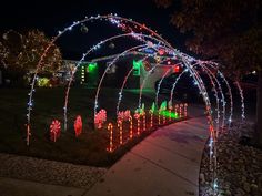 an arch covered in christmas lights with candy canes on the side and trees around it