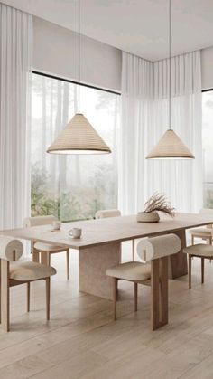 a dining room table and chairs in front of a window