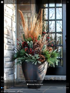 a large potted plant with pine cones, berries and greenery in front of a house