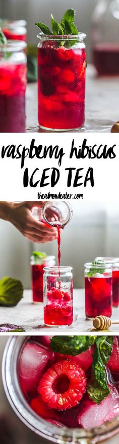 raspberry habsack iced tea with mint leaves on top and in jars