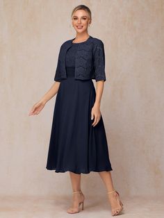 Dark_Navy Mother Of The Bride Dresses Tea Length, Long Lace Sleeves, Lace Fabrics, Lace Neckline, Sleeves Dress, Tea Length Dresses, Mother Of The Bride Dress, Tea Length, Chiffon Lace