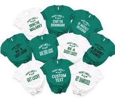 "Have fun with these personalized and custom St. Patrick's Day shirts for you or your whole group. PLEASE READ BELOW IF ORDERING MULTIPLE SHIRTS. **Listing is for 1 shirt ONLY** All shirts come with \"Most Likely To\" and you will put your phrase in the Personalization Box (see examples in 2nd listing photo or add your own phrase-long phrases will appear small if too lengthy). If ordering multiple shirts of the same color and size, you can separate phrase by commas. If ordering multiple styles, Custom Text White Shirt For Customization, Green Custom Print Top For Fan Merchandise, Funny St Patricks Day Shirts, St Patrick's Day Funny, Vegas 2023, St Patrick's Day Shirts, Lucky In Love, Group Shirts, Bach Party