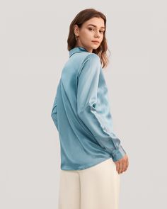 The curved hem longer in the back adds a little bit cute glamour into it. Surely you should add this consealed placket silk shirt into your wardrobe. Women Silk Shirt, Stand Collar Blouse, Silk Pajamas Women, Silk Tee, Silk Bedding Set, Bow Tie Blouse, Camisole Set, Striped Midi Skirt, Silk Knit