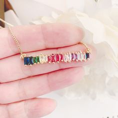 Rainbow Healing Crystal Bar Necklace, Karma Round Necklace, Chakra Bar Necklace, Balancing Necklace,Yoga Jewelry, Bridesmaid Gift, BFF Gift Rainbow Necklace With Adjustable Chain For Gift, Rainbow Cubic Zirconia Jewelry As Gift, Rainbow Cubic Zirconia Necklaces For Gift, Rainbow Cubic Zirconia Necklaces As Gift, Rainbow Cubic Zirconia Necklace For Gift, Chistmas Gift, Mom Jewelry Personalized, Mothers Day Gift Ideas, Pearl Lariat Necklace