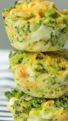 broccoli and cheese muffins stacked on top of each other