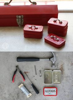 tools are laid out on the floor next to a red toolbox