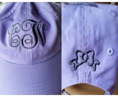 two pictures of hats with monogrammed letters on them