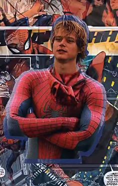 the amazing spider - man is depicted in this collage with his arms crossed and hands folded