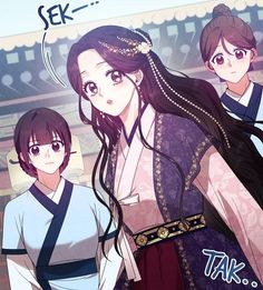 an anime character with long hair and two other characters behind her, both wearing traditional japanese clothing