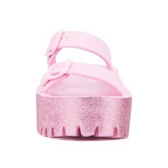 For effortless summer style from beach to boardwalk, slip into our Sparkles slide sandal. Its glitter finish adds a touch of illumination to the double-strap upper, complemented by a sturdy lug sole for comfort and traction. Perfect for casual outings or seaside adventures, the Sparkles sandal combines chic design with practicality, ensuring you shine brightly wherever you go this summer. Open Toe Platform Sandals In Plastic, Pink Synthetic Platform Jelly Sandals, Pink Platform Jelly Sandals In Synthetic Material, Pink Platform Jelly Sandals In Synthetic, Pink Platform Jelly Sandals With Synthetic Material, Pink Platform Jelly Sandals For Beach, Pink Synthetic Slides With Textured Footbed, Pink Slides With Textured Footbed, Pink Glitter Sandals For Summer