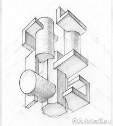 a pencil drawing of an abstract structure with different shapes and sizes, including the top part of