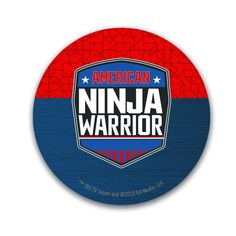 an american ninja warrior sticker on a red and blue background with the words,