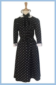 Vintage 70s, 80s polka dot dress. Fit and flare silhouette. Shirtwaist style with button closure to waist. Full skirting that drapes beautifully. Snaps and sleeve cuffs. Please note that photos were taken with crinoline which is not included and for inspirational purposes. See third photo to view 1950s Style Polka Dot Vintage Dress, Vintage Polka Dot Long Sleeve Dresses, Vintage Long Sleeve Polka Dot Dress, Fitted Polka Dot Dress For Daywear, Retro Fitted Polka Dot Vintage Dress, Fitted Retro Polka Dot Vintage Dress, Vintage Polka Dot Knee-length Dress, Vintage Knee-length Polka Dot Dress, Collared Fitted Vintage Dress In 1950s Style