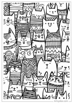 an adult coloring page with cats in black and white