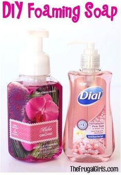 two bottles of hand soap next to each other with the words diy foaming soap