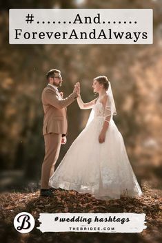 a bride and groom holding hands with the words, and forever and always above them