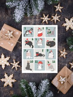 a christmas card with dogs and cats on it, surrounded by snowflakes