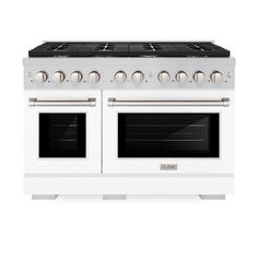 a white stove top oven with two burners and three doors on the front side