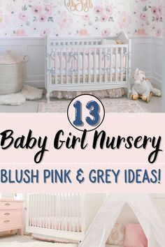 baby girl nursery room with pink and grey decor, flowers on the wall and white crib