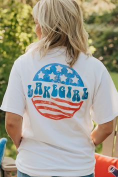 Our new Ringspun White tee features a full back and left chest screen print. Relaxed Fit. 100% cotton Size Chart Lake Girl, White Tee, Screen Print, Exclusive Designs, Summer Collection, Mockup, Short Sleeve Tee, Womens Bottoms, Screen Printing