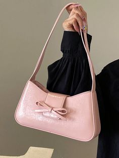 Solid Color PU Women's Fashionable Shoulder Bag With Bowknot Decoration And Flap Cover, Tready Crescent Moon Bag For Women Pink Fashionable   PU Leather Colorblock,Letter,Plain,Plants,All Over Print Baguette Bag   Women Bags, size features are:Bust: ,Length: ,Sleeve Length: Handbags Storage, Shein Bags, Purse For Teens, Bow Purse, Moon Bag, Pink Shoulder Bag, Trendy Shoulder Bag, Bags For Teens, Adjustable Bag