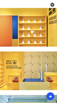 an image of a store with yellow shelves and blue flooring on the walls,