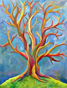 a painting of a tree with red and yellow leaves on it's branches, against a blue sky