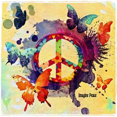 a peace sign surrounded by butterflies on a yellow background with words imagine peace written in the center