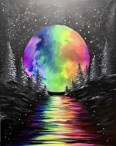 a painting of a full moon over water with trees in the foreground and snow on the ground