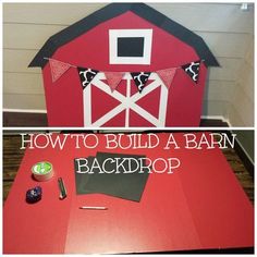 a red barn with the words how to build a barn back drop on it's side