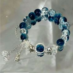 Blue/Clear Beaded Bracelet With Silver Charm Detail. Very Pretty. New In Original Packaging Star Charm Bracelet, Beaded Star, Italy Jewelry, Locket Bracelet, Sterling Silver Bangle Bracelets, Enamel Bangle, Silver Bangle Bracelets, Sterling Silver Bangles, Star Charms