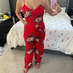 Never Worn In Perfect Condition. Perfect For Summer! Asos Size 6, Fits Like A Small/Medium. Red Printed V-neck Jumpsuits And Rompers, Red Printed V-neck Jumpsuit, Red Printed V-neck Jumpsuit Or Romper, Red Fitted Jumpsuits And Rompers For Vacation, Red Fitted Jumpsuit For Vacation, Fitted Red Jumpsuits And Rompers For Vacation, Red Floral Print Jumpsuit With V-neck, Utility Romper, Plaid Jumpsuit