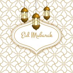 an arabic greeting card with three lamps hanging from it's sides and the words eid mubarak