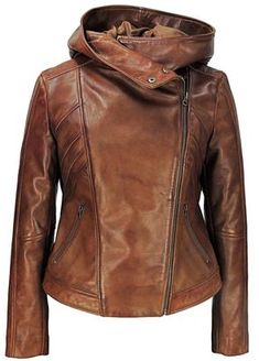 Sasha is women's top quality hooded leather jacket. Made with extra-soft and supple  premium lambskin leather. It has an assymetrical zipper cut on the closure. Stylish hoody with light patchwork on chest to give it more attitude.  Two exterior side pockets. A sexy, slip-on stylish fit. Made with 100% lambskin leather and fully lined with satin. Unique outer brown color, created with wax finish for added extravagance to the outer of this coat. Wear to impress! View Jacket Measurements Guide Luxury Leather Jacket With Concealed Placket For Fall, Cheap Leather Jacket With Pockets For Fall, Luxury Brown Biker Jacket For Spring, Luxury Bohemian Leather Jacket For Winter, Luxury Bohemian Leather Jacket For Fall, Affordable Brown Leather Jacket For Fall, Luxury Leather Jacket With Leather Lining For Fall, Luxury Leather Outerwear For Travel, Luxury Distressed Brown Biker Jacket For Winter