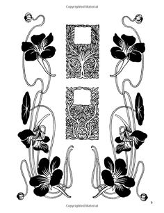 an ornamental pattern with flowers and swirls in black on a white background, which includes the letter e