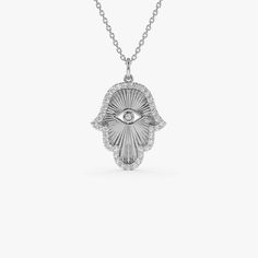 14k Diamond Hamsa & Evil Eye Hand of Fatima Necklace 14K White Gold Ferkos Fine Jewelry Spiritual White Gold Necklaces With Polished Finish, Silver 14k Gold Diamond Necklace For Wedding, Symbolic White Gold Tarnish-resistant Necklace, Symbolic Diamond Jewelry With Polished Finish, Silver 14k Gold Necklace With Diamond Accents, 14k Gold Silver Necklace With Diamond Accents, Symbolic Formal Jewelry With Diamond Accents, Silver Tarnish Resistant Fine Diamond Necklace, Silver Tarnish-resistant Fine Jewelry Diamond Necklace