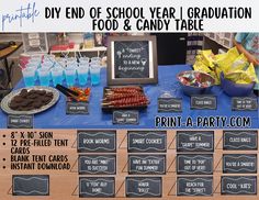 a table topped with lots of food and drinks next to a chalkboard sign that says diy end of school year graduation food & candy table