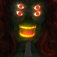 a cartoon character with glowing eyes in front of a creepy face and red lights on it