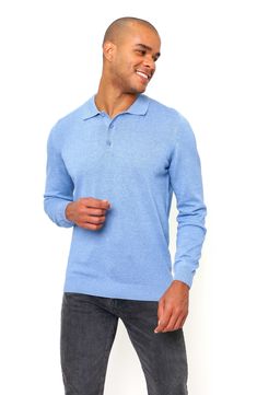 Crafted entirely from cotton, this long-sleeve polo is a comfortable option on cooler days. 25" length Spread collar Long sleeves 100% cotton Machine wash, dry flat Made in Turkey Model stats: 6'1" height, 32" waist. Blue Casual Polo Sweater With Polo Collar, Blue Casual Polo Sweater, Classic Long Sleeve Cotton Polo Shirt, Blue Polo Collar Sweater For Fall, Blue Polo Sweater For Fall, Blue Collared Polo Sweater For Fall, Solid Long Sleeve Cotton Polo Shirt, Blue Polo Collar Sweater For Winter, Blue Collared Polo Sweater For Winter