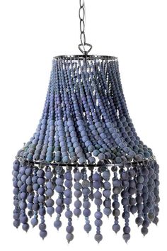 a blue chandelier with beads hanging from it's center chain, on a white background